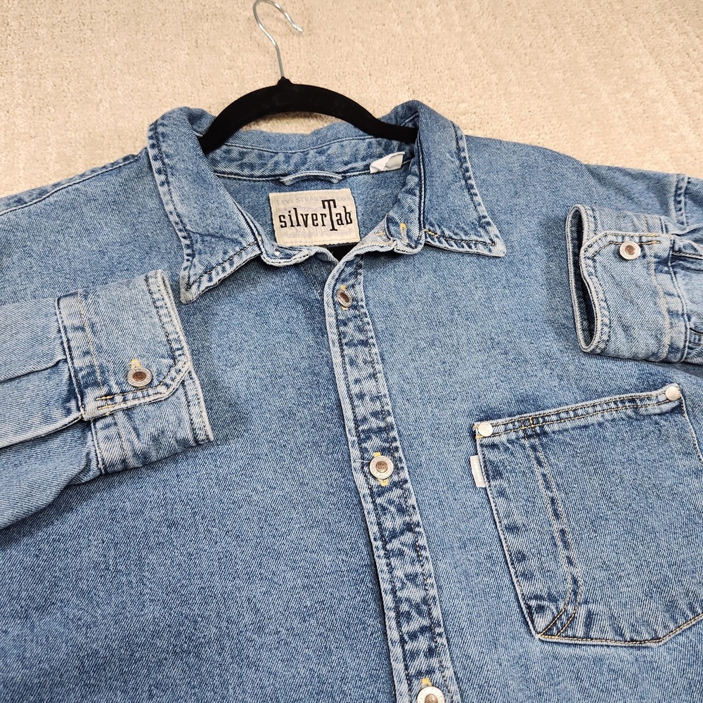 Levis Silvertab Denim Shirt Men Large Oversized Metal Button Workwear Y2K Blue